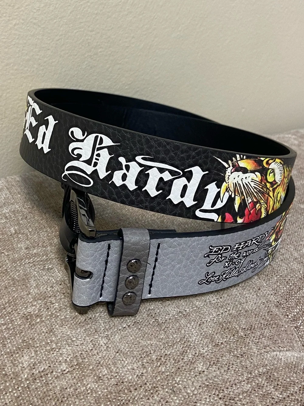 Ed Hardy Tiger Belt Studded Love Kills Slowly Black Grey Men 38 New